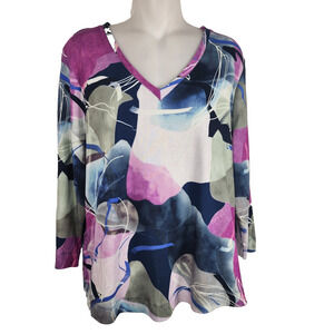 Chico's Womens Watercolor 3/4 Sleeve Pima Cotton Tee Everyday V Neck Large Light